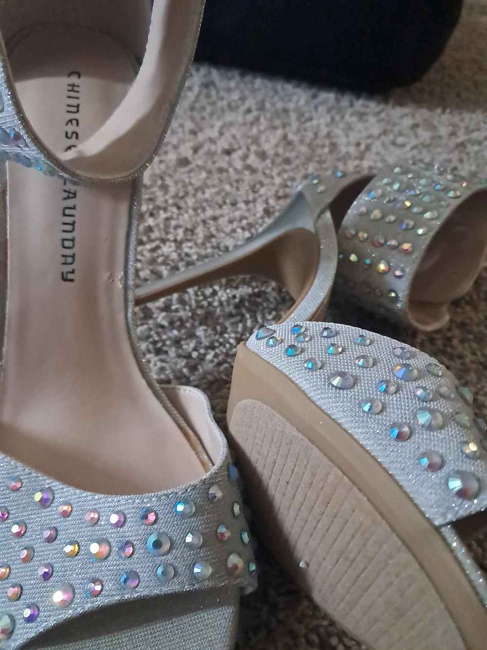 Chinese Laundry Champagne Rhinestone Ankle-Strap Heels
